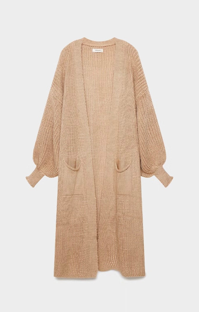 Cardigan largo de punto grueso teja COD 2867 – con bolsillos y manga abullonada
