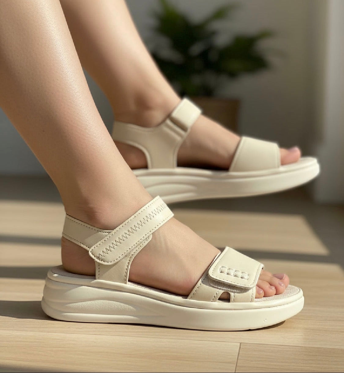 Sandalia confort beige con plataforma ultraligera y doble cierre de velcro para mujer 8706