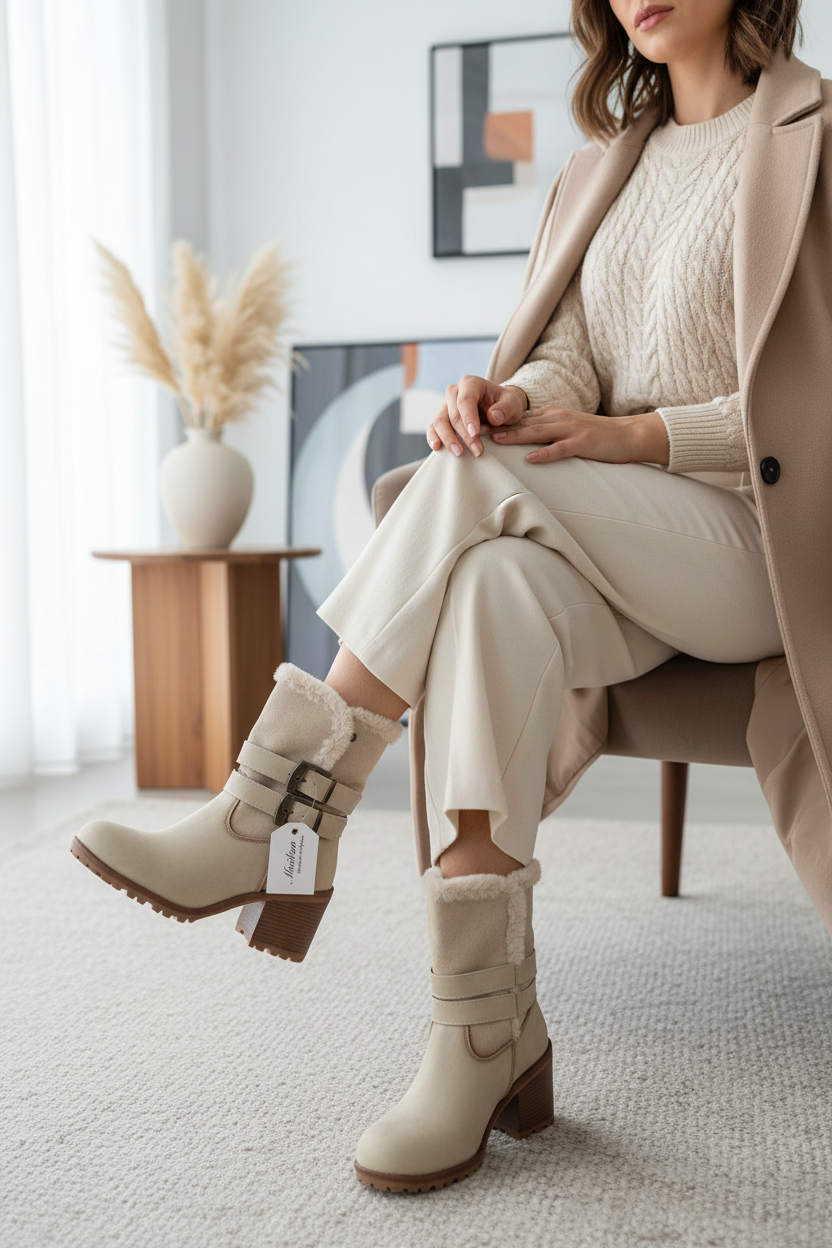 Botines Beige Mujer con Forro Interior – Tacón Medio y Hebillas Decorativas L823
