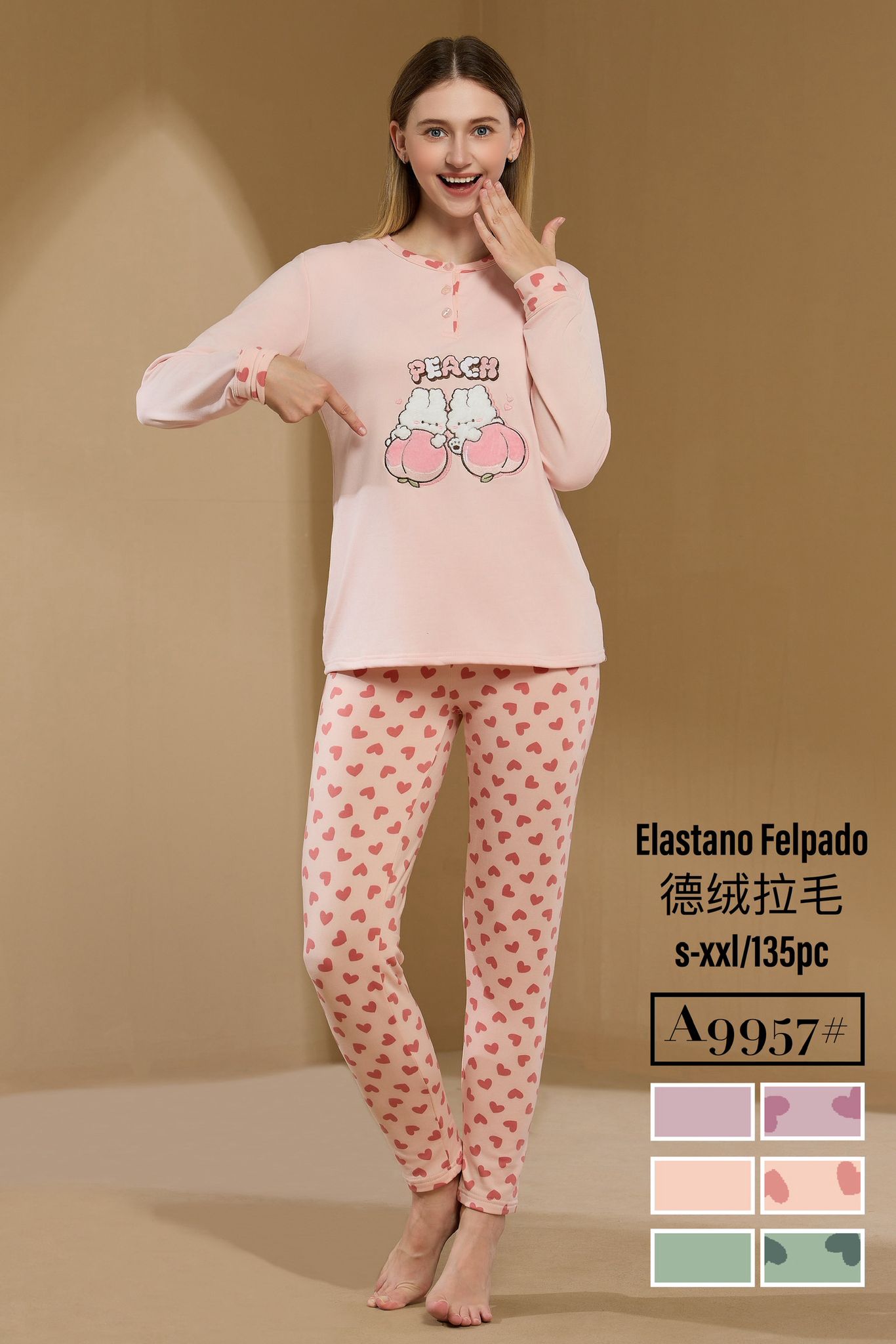 Pijama de Mujer “Peach Love” – Suave, Cálido y con Estampado de Corazones 💕
A9957