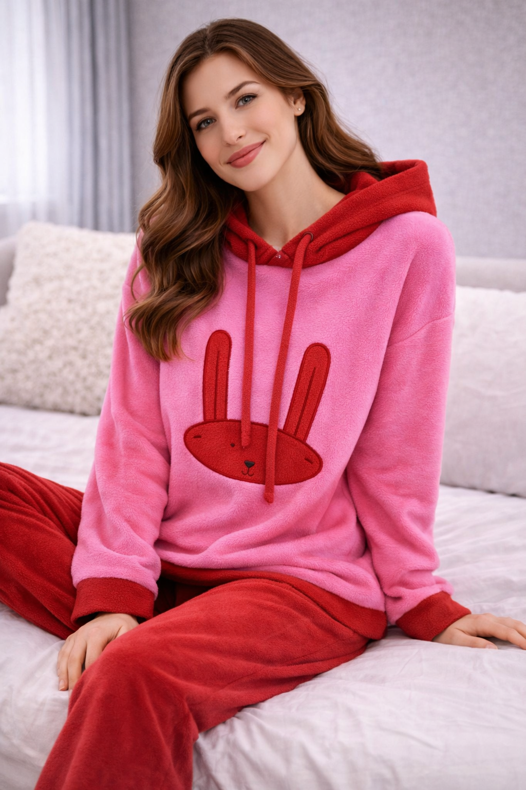 Pijama Polar Mujer con Capucha y Conejito – Súper Suave y Calentito