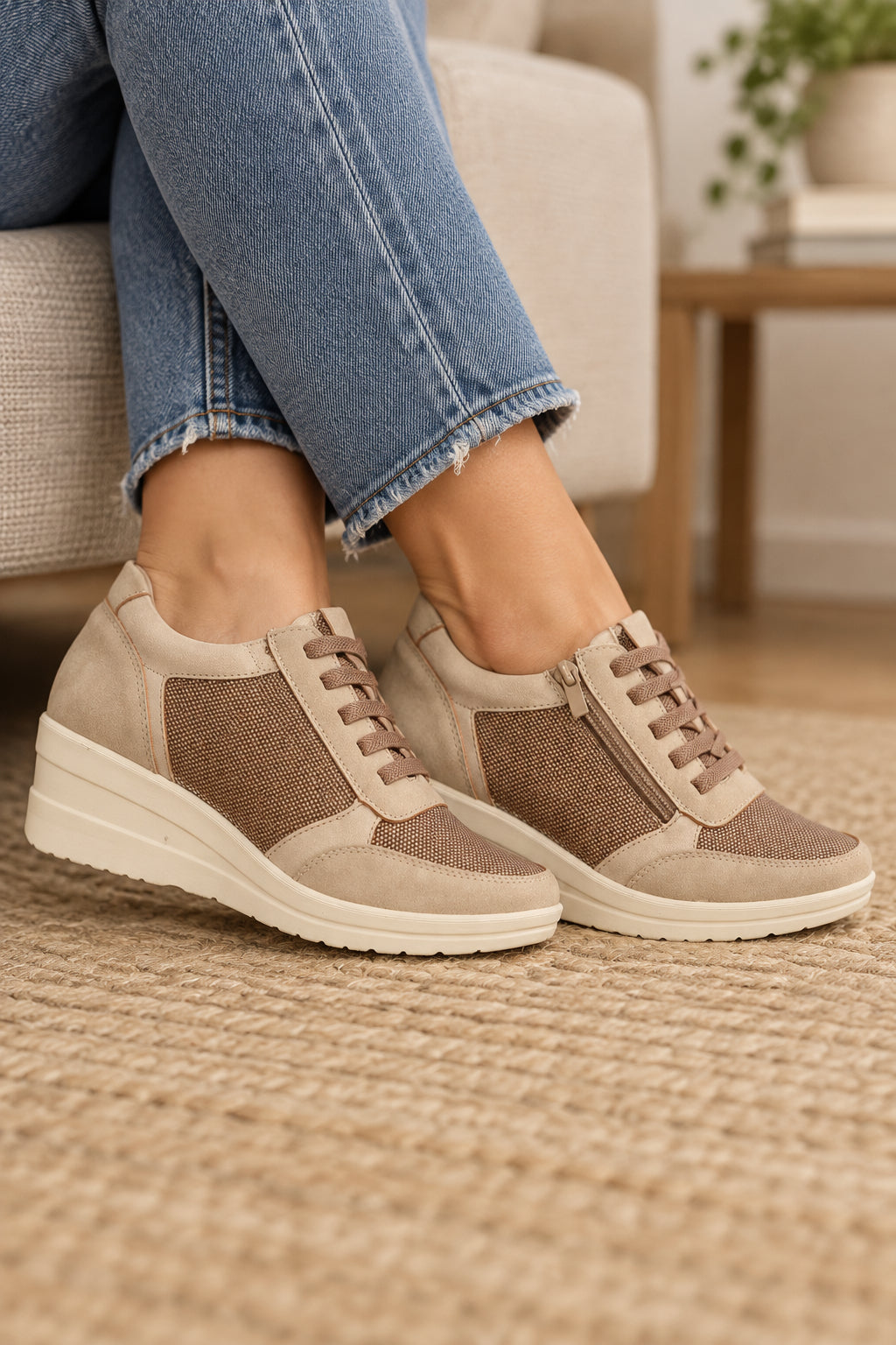 Deportiva de Mujer con Cuña, Cremallera y Detalles Metalizados – Marrón M610