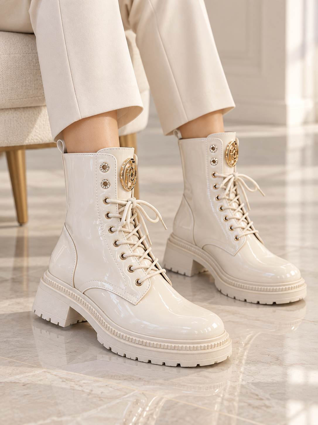 Botín de charol beige con cordones y detalle dorado 3072-31