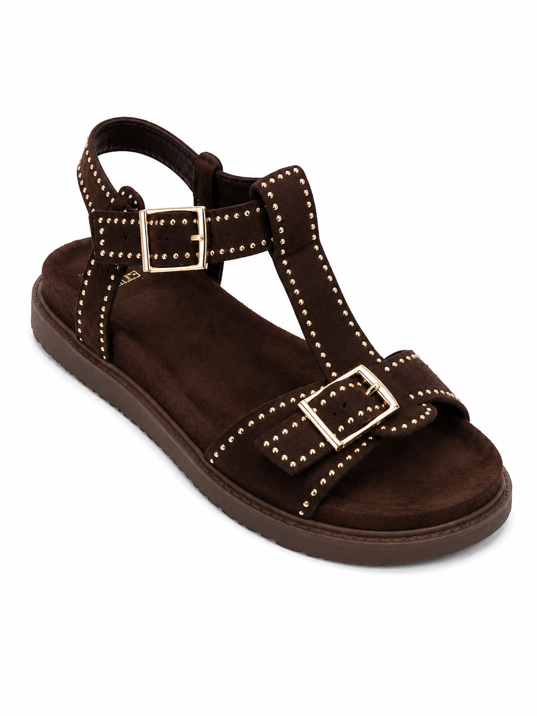 Sandalia plana con hebillas y tachuelas decorativas para mujer | Beige y Marrón 9696
