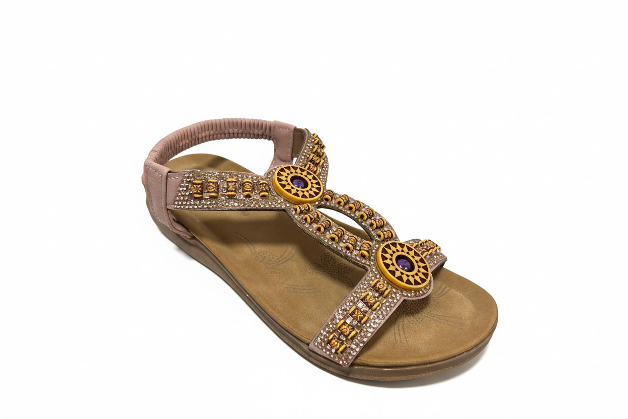 Sandalias Planas Mujer Camel con Pedrería – Sandalias Verano Cómodas y Elegantes F712