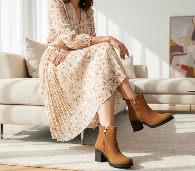 Botines Camel Mujer Tacón Medio con Cremallera – Elegantes y Versátiles 7083