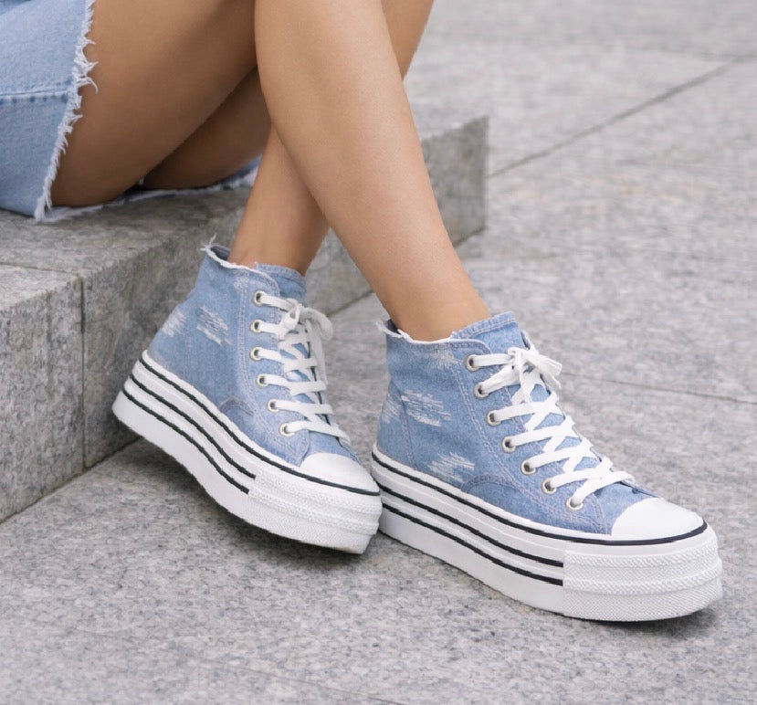 Zapatilla Denim Plataforma Mujer – Deportiva Azul Casual Urbana JF6501