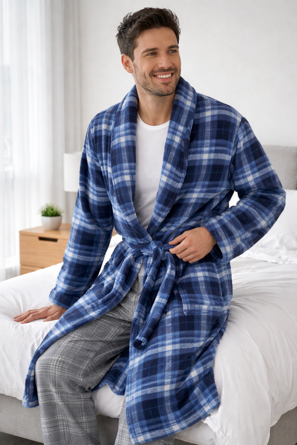 Bata de Hombre Polar a Cuadros Gris – Albornoz Invernal Súper Suave y Calentito 2210