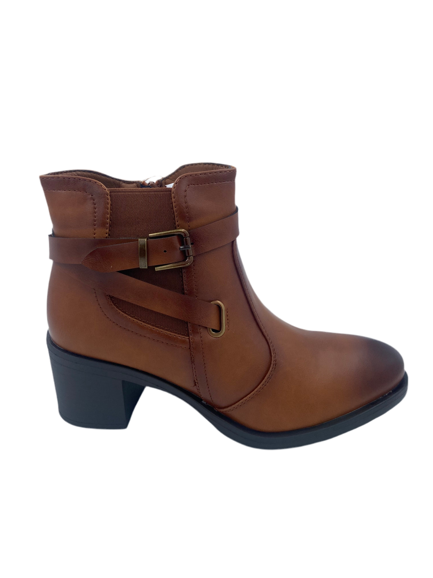Botines Marrón Cuero con Hebillas Decorativas – Tacón Ancho Cómodo 2111