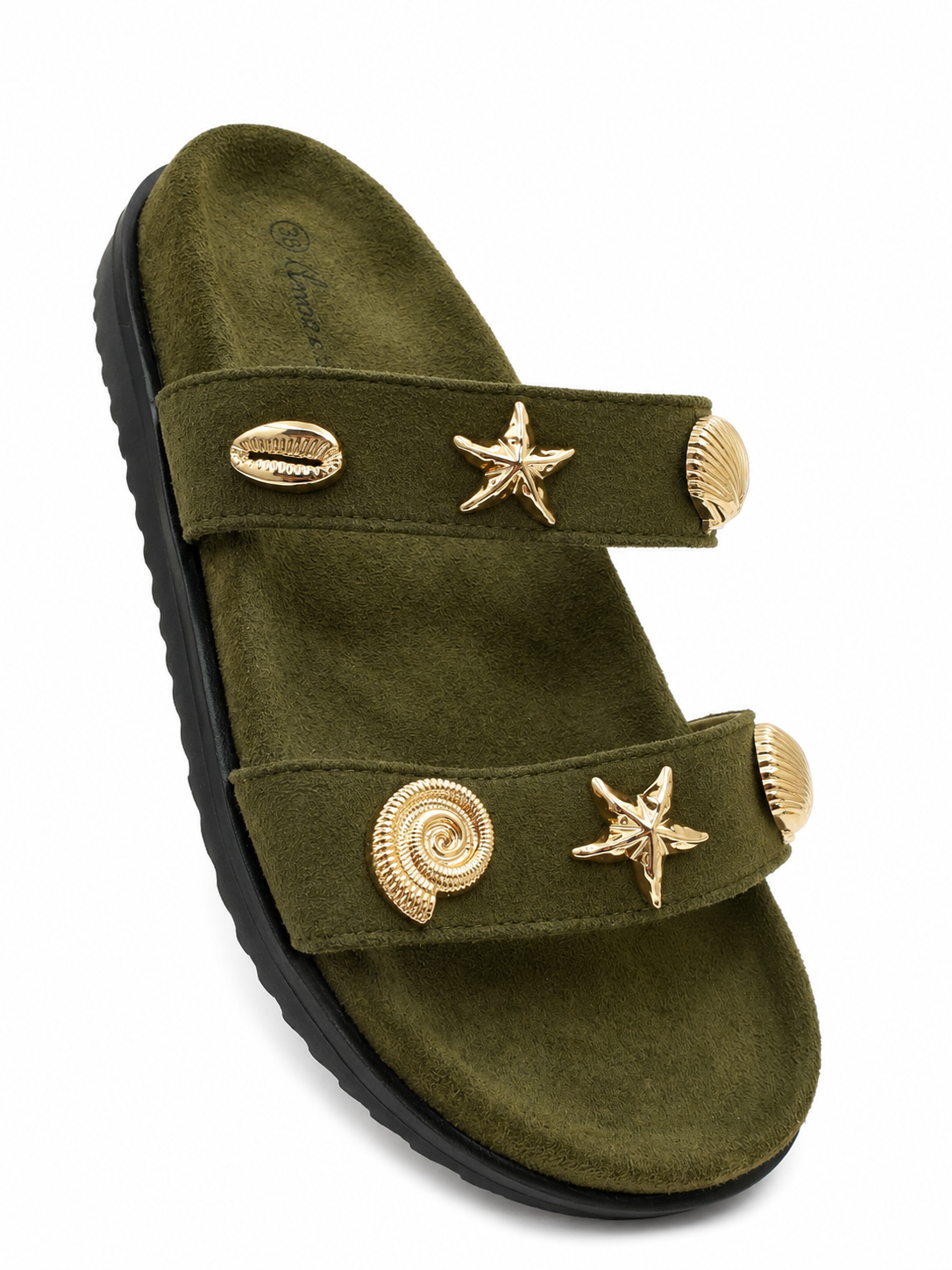 Sandalia Plana Marina con Detalles Dorados – Camel y Verde HT349