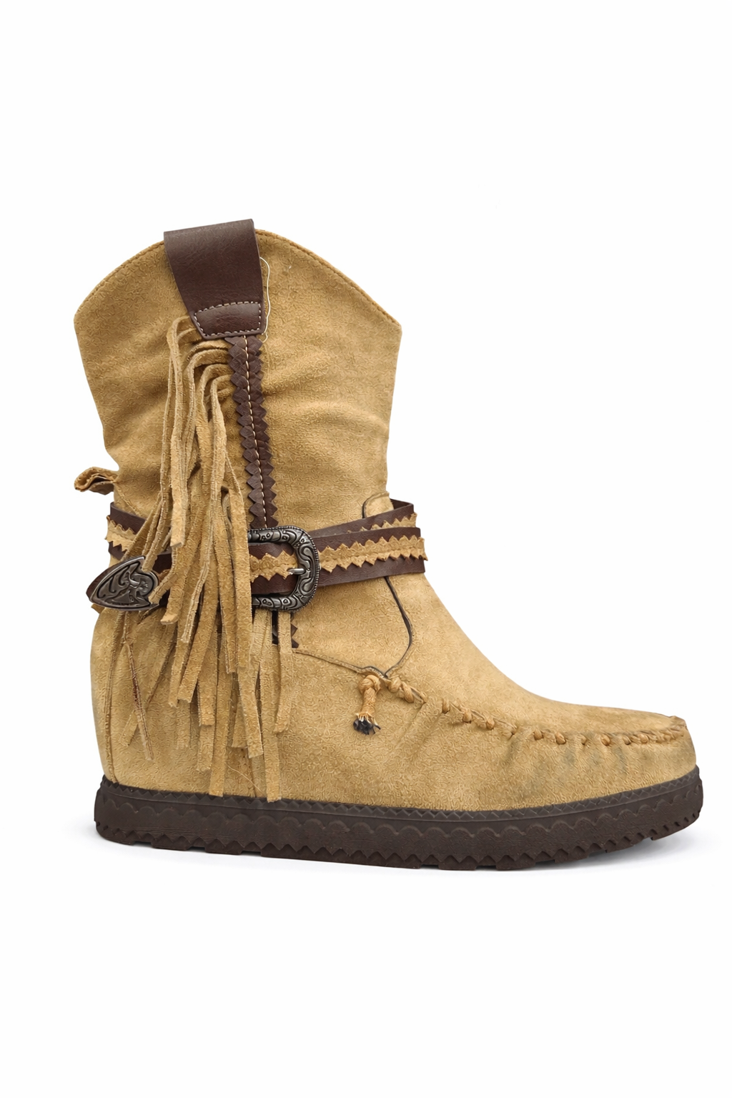 Botín Camel de Serraje con Flecos y Hebilla – Estilo Boho Chic SV-S8AX12836-1