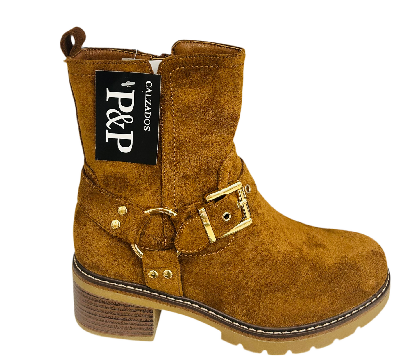 Botín Camel con Hebilla Dorada y Tacón Medio – Cómodo y Elegante
168-3