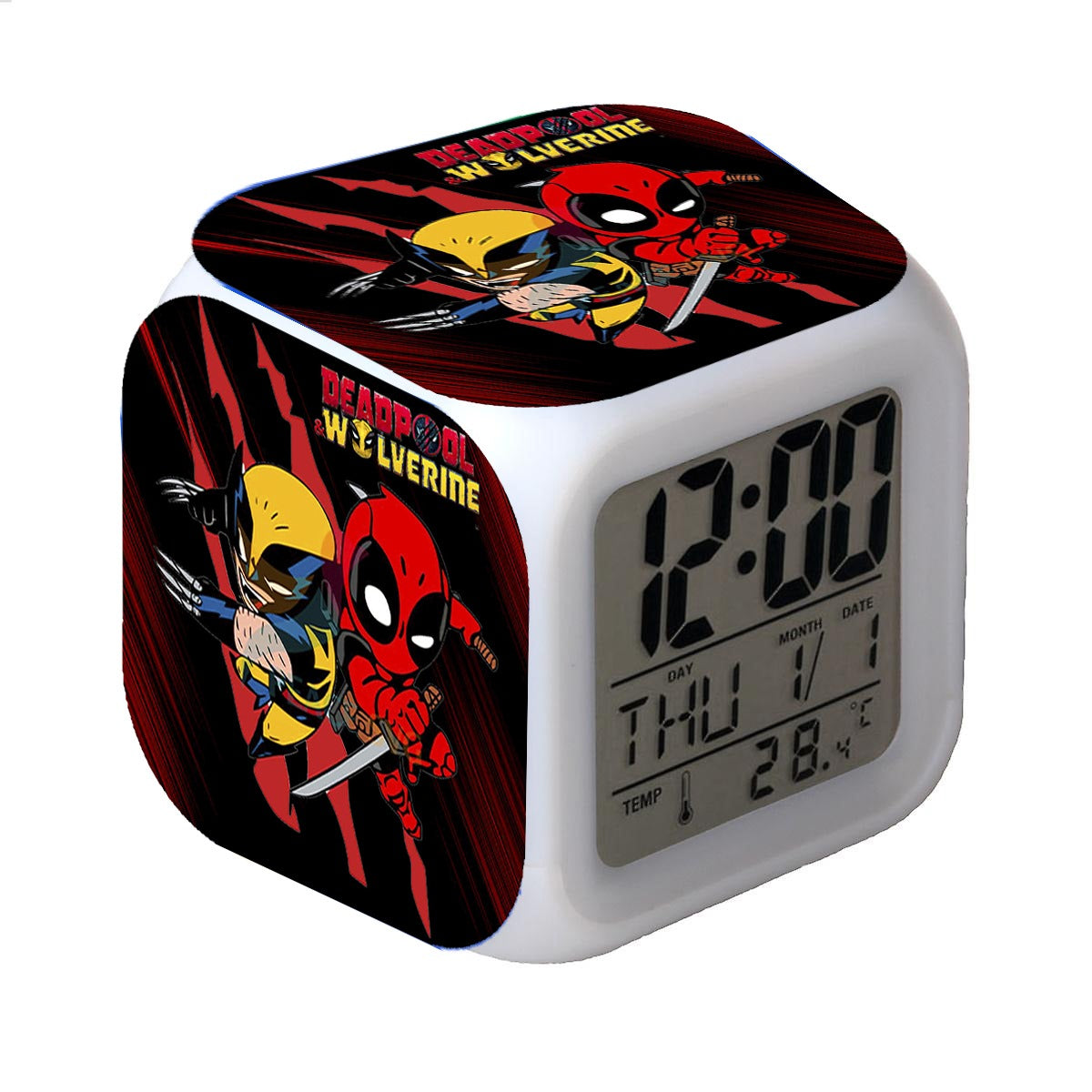 RELOJ DESPERTADOR CON ALARMA Y LUCES LED DEADPOOL