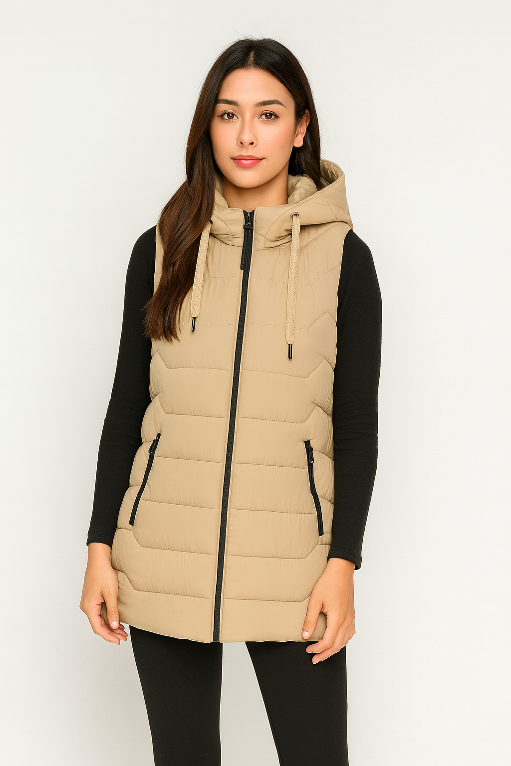 Chaleco acolchado largo con capucha color beige