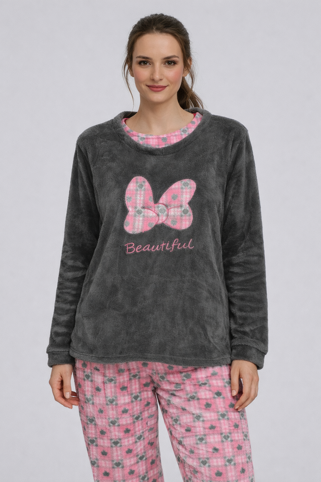 Pijama de Mujer Polar Azul Marino con Lazo – Conjunto de Invierno Suave y Calentito H1808