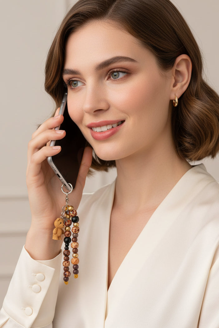 Llavero para Móvil con Cuentas Naturales y Colgante Decorativo – Accesorio Elegante y Práctico OSITO