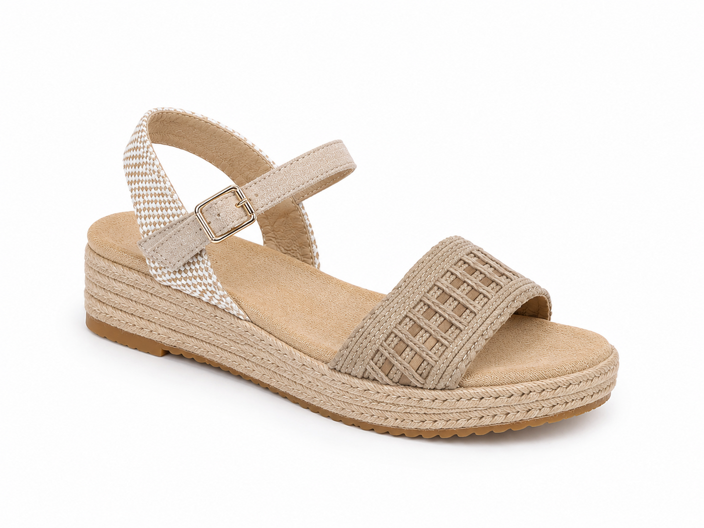 Sandalia de cuña baja de esparto beige con bordado calado