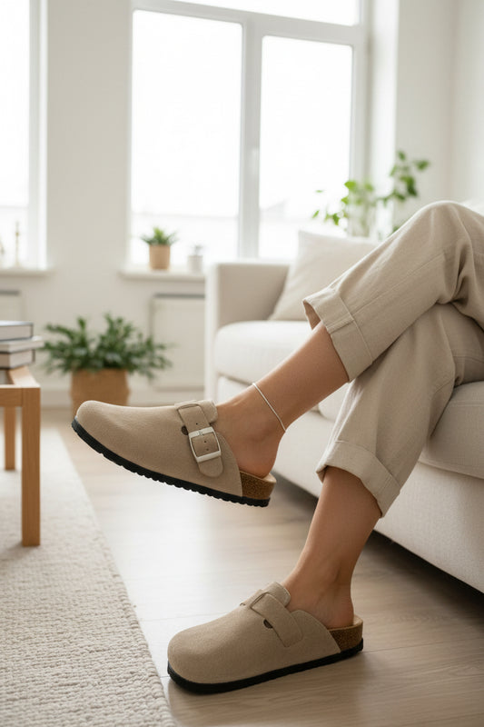 15€!!! ÚLTIMAS Zuecos Beige Antelina Mujer – Cómodos, Ajustables y Estilo Casual. B101