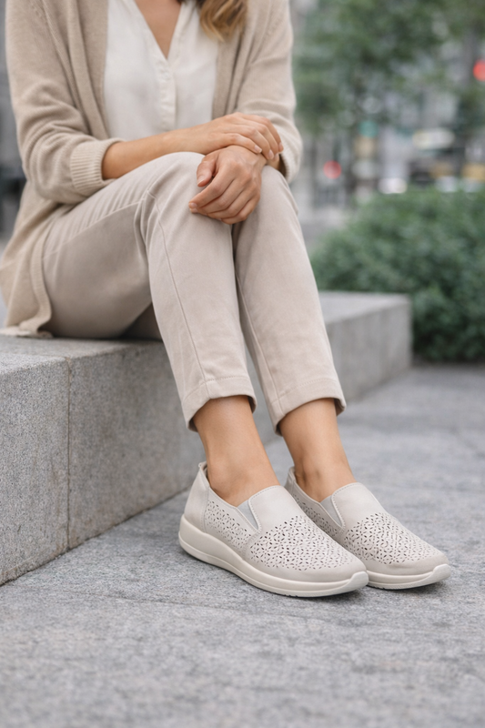 Mocasines Mujer Beige Troquelados – Slip On Cómodos y Elegantes para Diario XA29