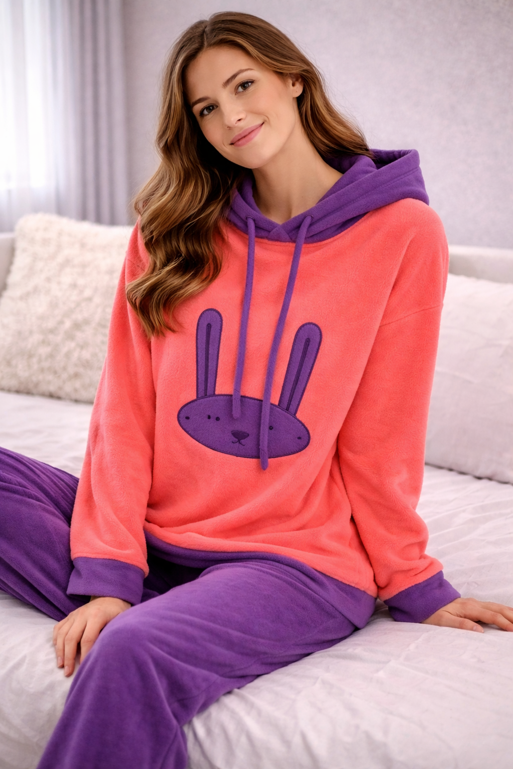 Pijama Polar Mujer con Capucha y Conejito – Súper Suave y Calentito