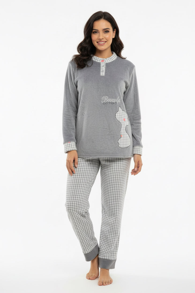 Pijama de Mujer Rosa con Estampado de Gatito – Conjunto Cómodo de Manga Larga 25198