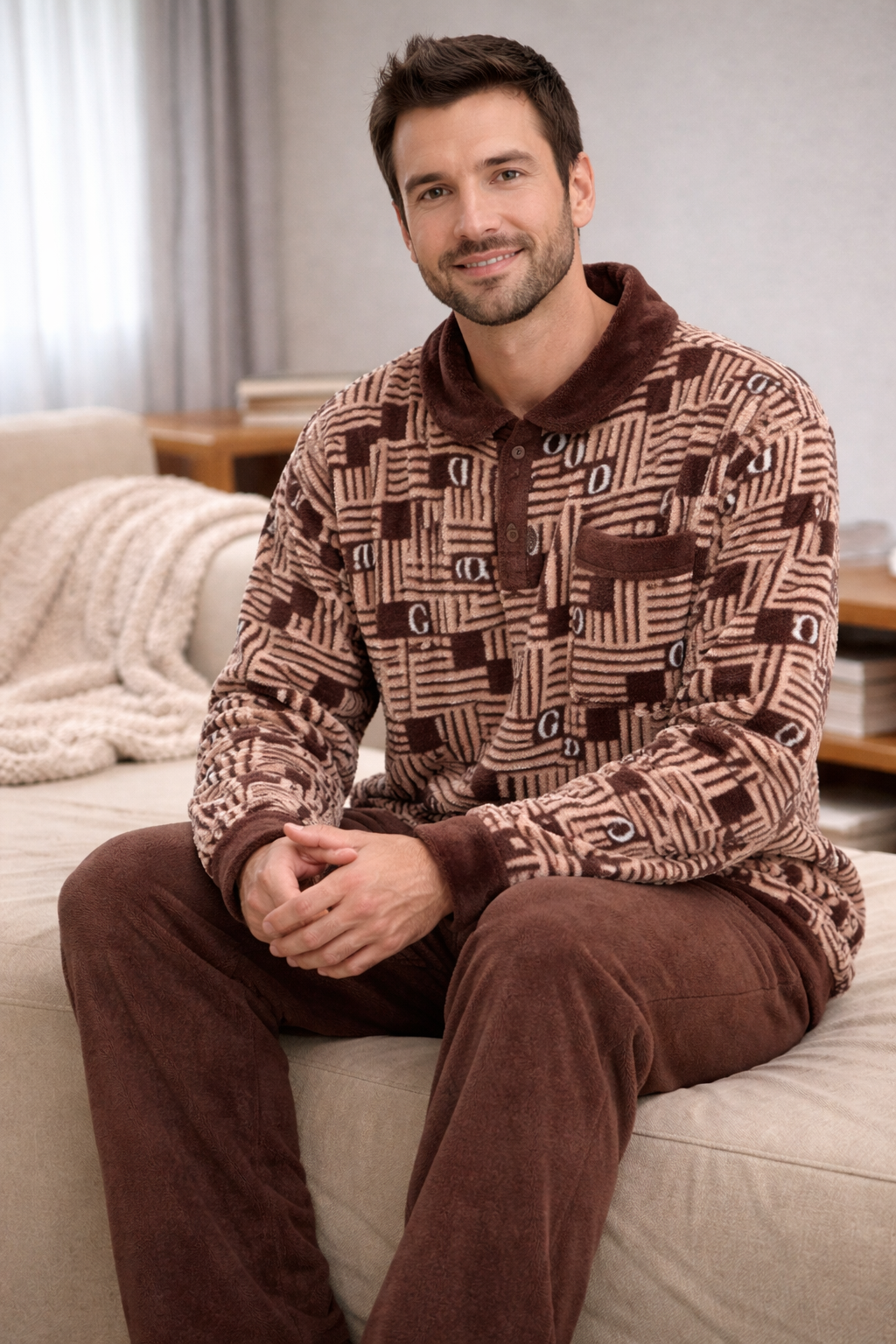 Pijama Polar de Hombre Marrón Extra Suave – Conjunto de Invierno Cómodo y Calentito A2387