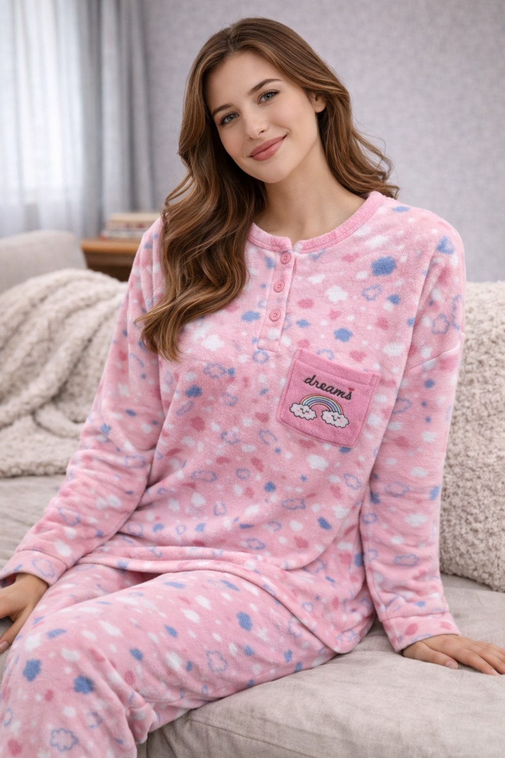 Pijama Polar Mujer Rosa Dreams con Estampado de Nubes – Extra Suave y Calentito F9650