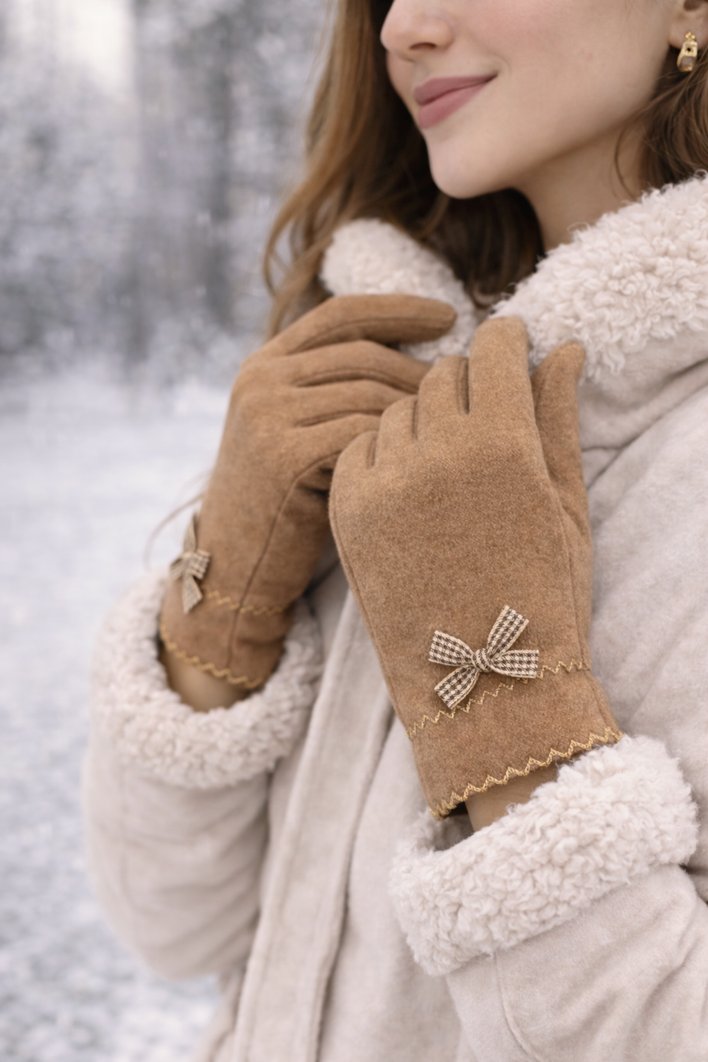 🖤 Guantes de Invierno Negros Elegantes con Lazo Decorativo