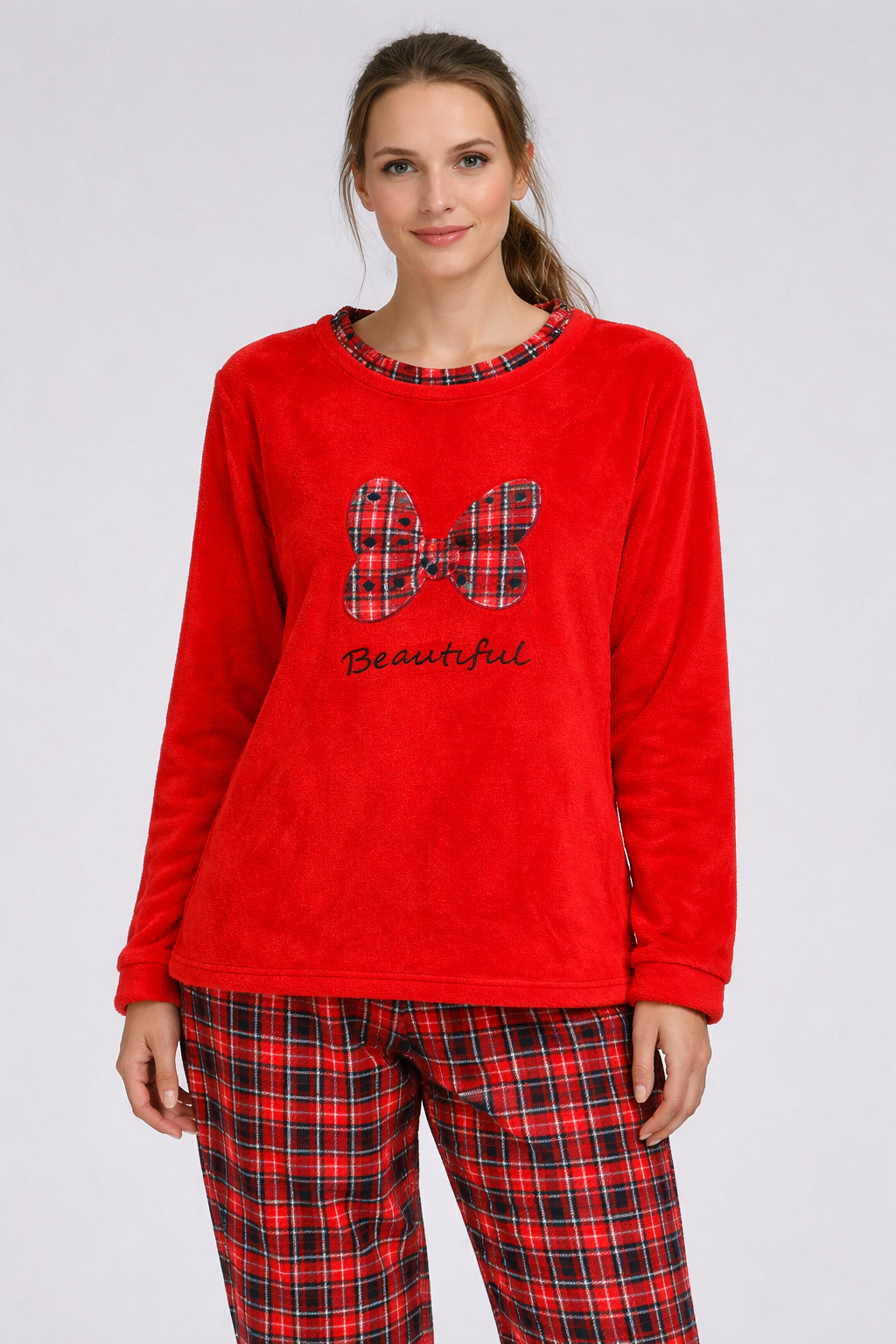 Pijama de Mujer Polar Azul Marino con Lazo – Conjunto de Invierno Suave y Calentito H1808