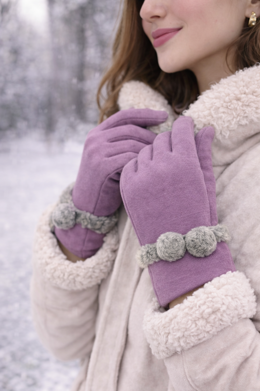 Guantes de Mujer Abrigados con Pompón Fijo – Suaves, Elegantes y Cómodos