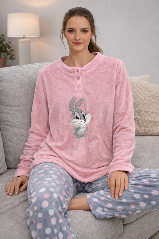 Pijama de Mujer Polar Rosa con Conejito – Conjunto de Invierno Suave y Calentito H2320
