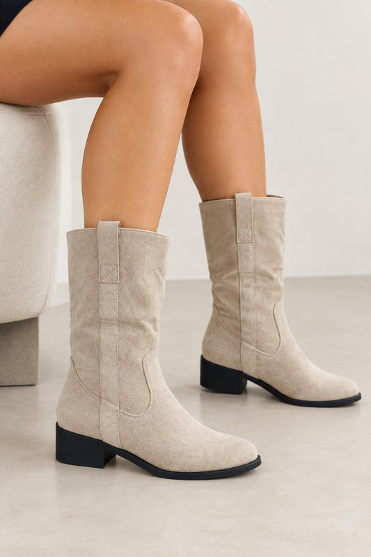 Bota Beige Serraje Caña Media – Tacón Bajo Elegante y Súper Cómoda 218A-AX1301-08