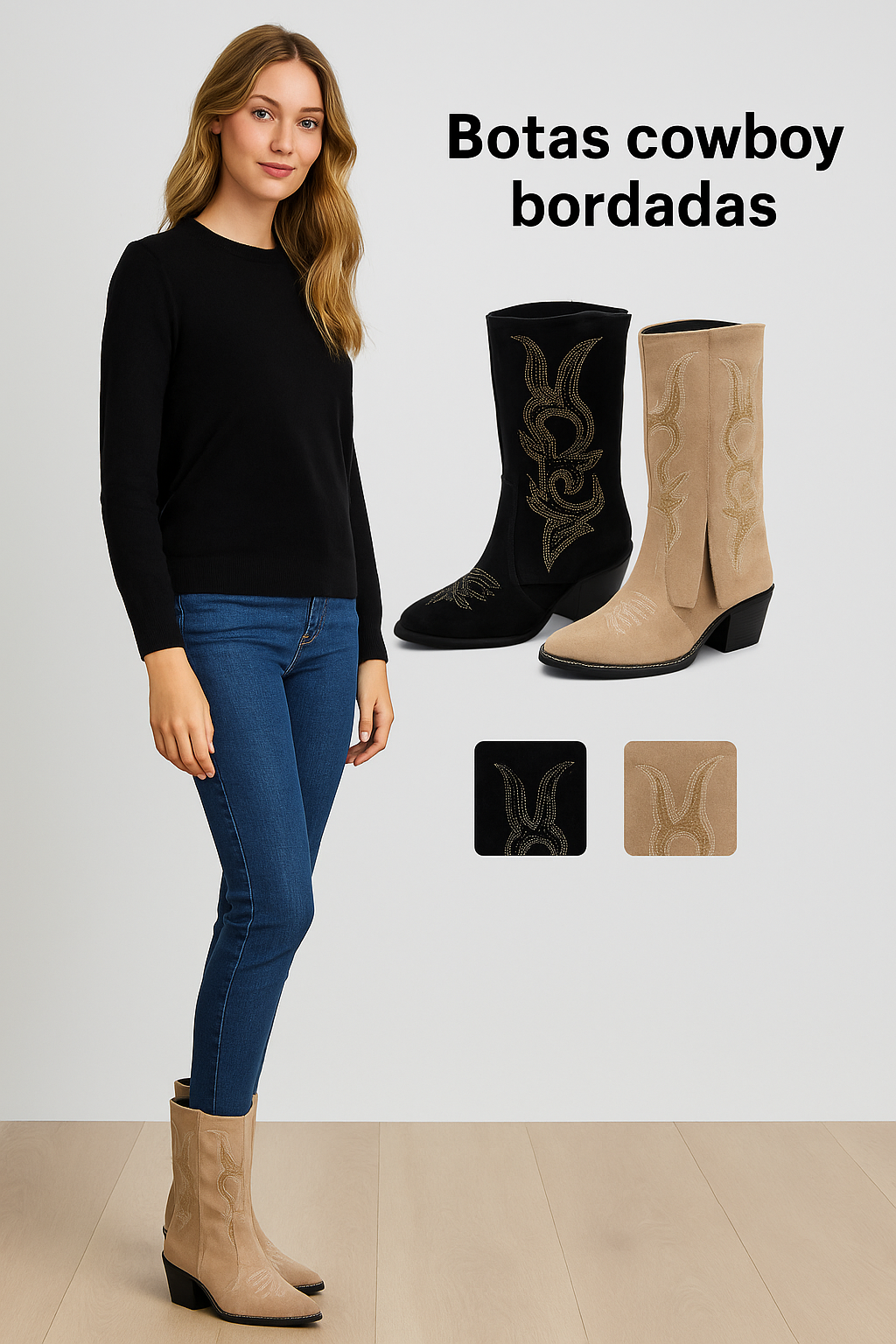 Bota Cowboy Kaki con Brillos – Tacón Medio y Diseño Bordado