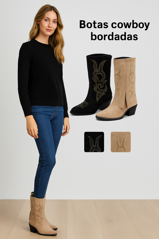 Bota Cowboy Kaki con Brillos – Tacón Medio y Diseño Bordado