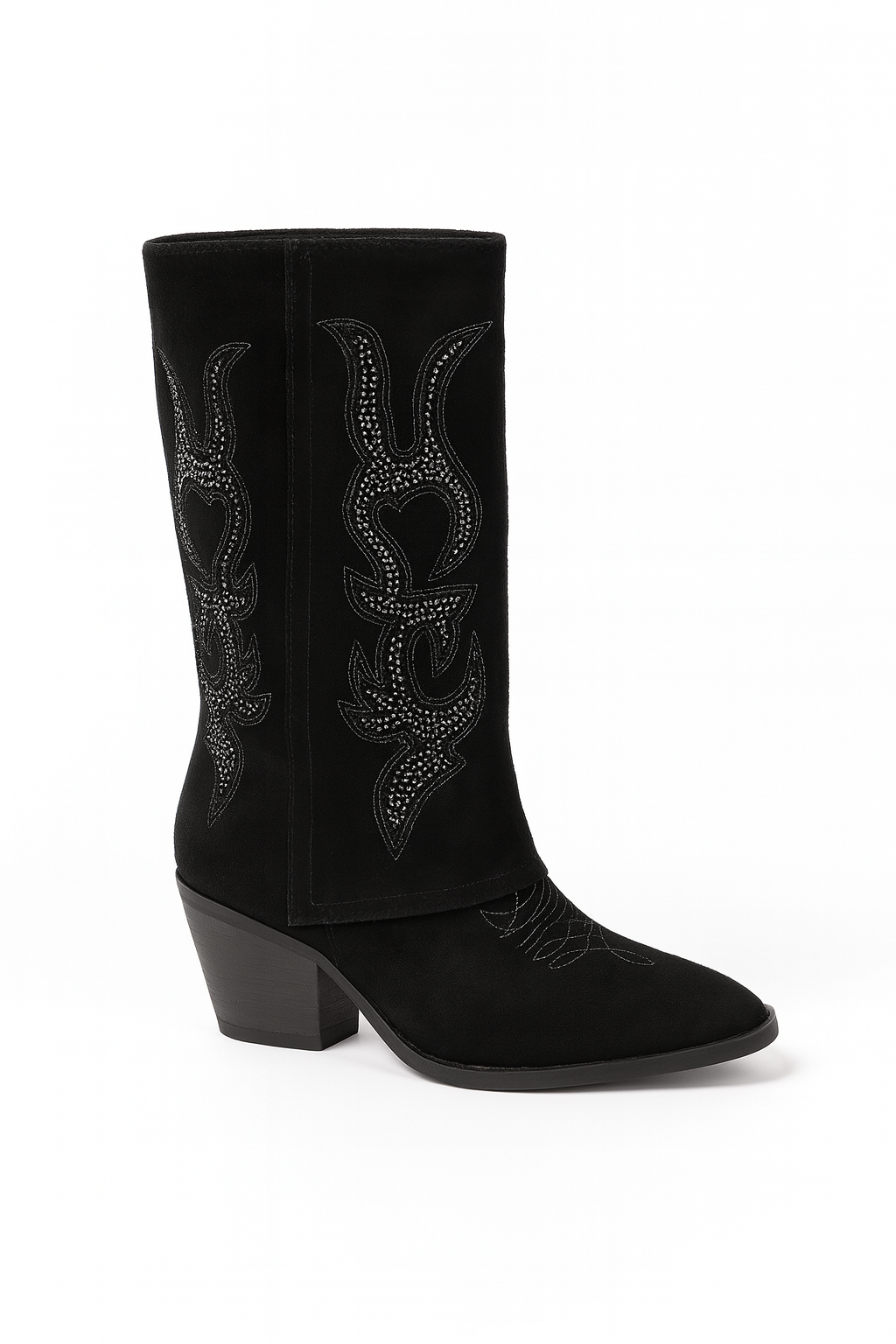 Bota Cowboy Kaki con Brillos – Tacón Medio y Diseño Bordado