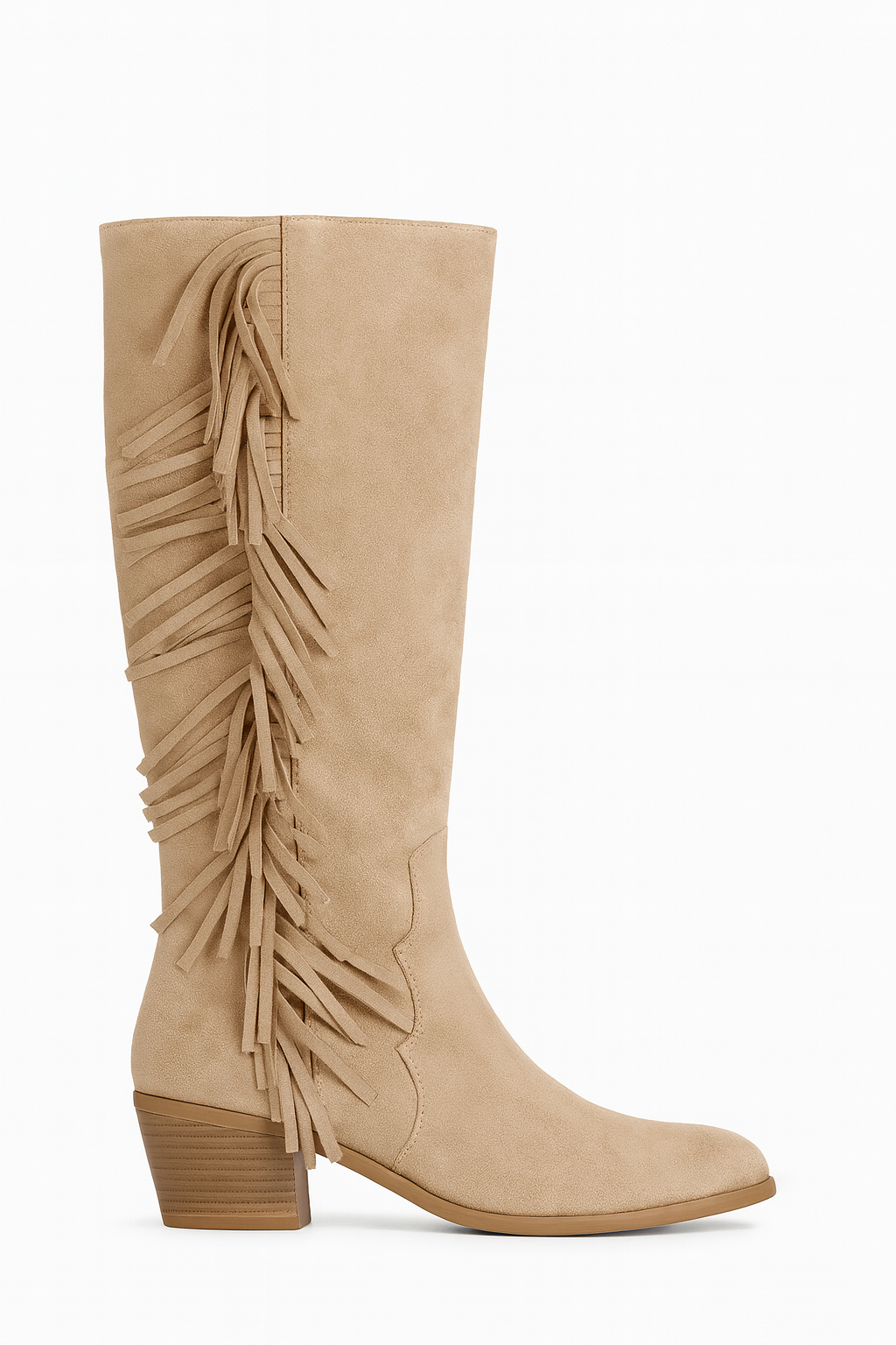 🤍 Bota Alta Beige de Ante con Flecos – Estilo Boho Elegante  Cod 1155