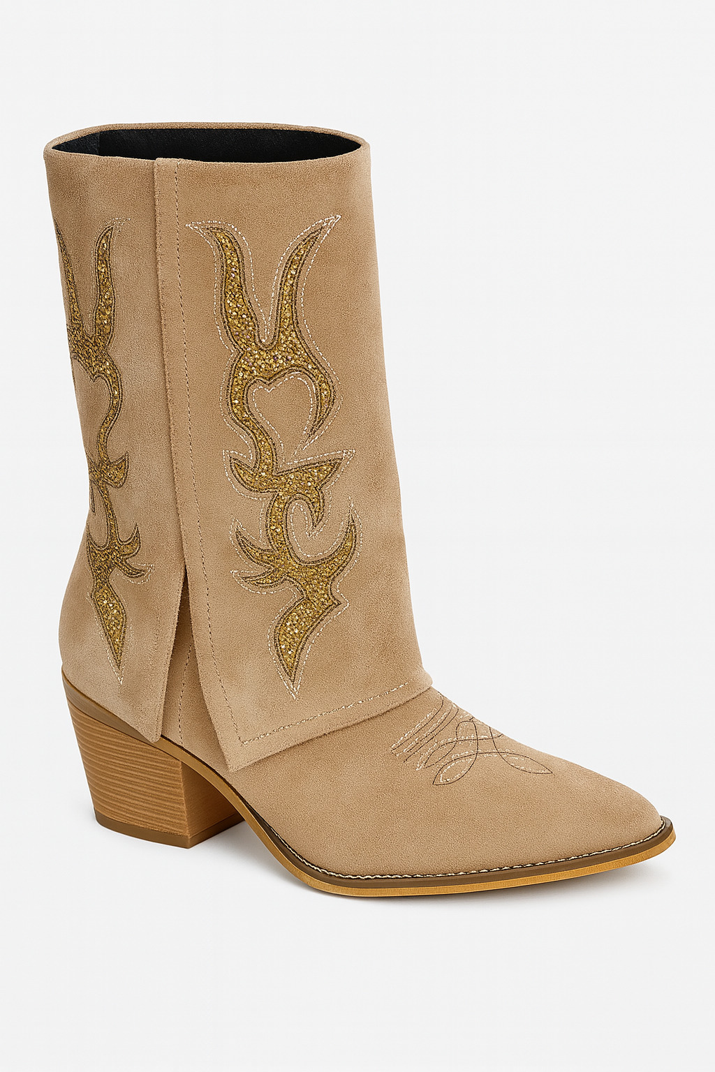 Bota Cowboy Kaki con Brillos – Tacón Medio y Diseño Bordado