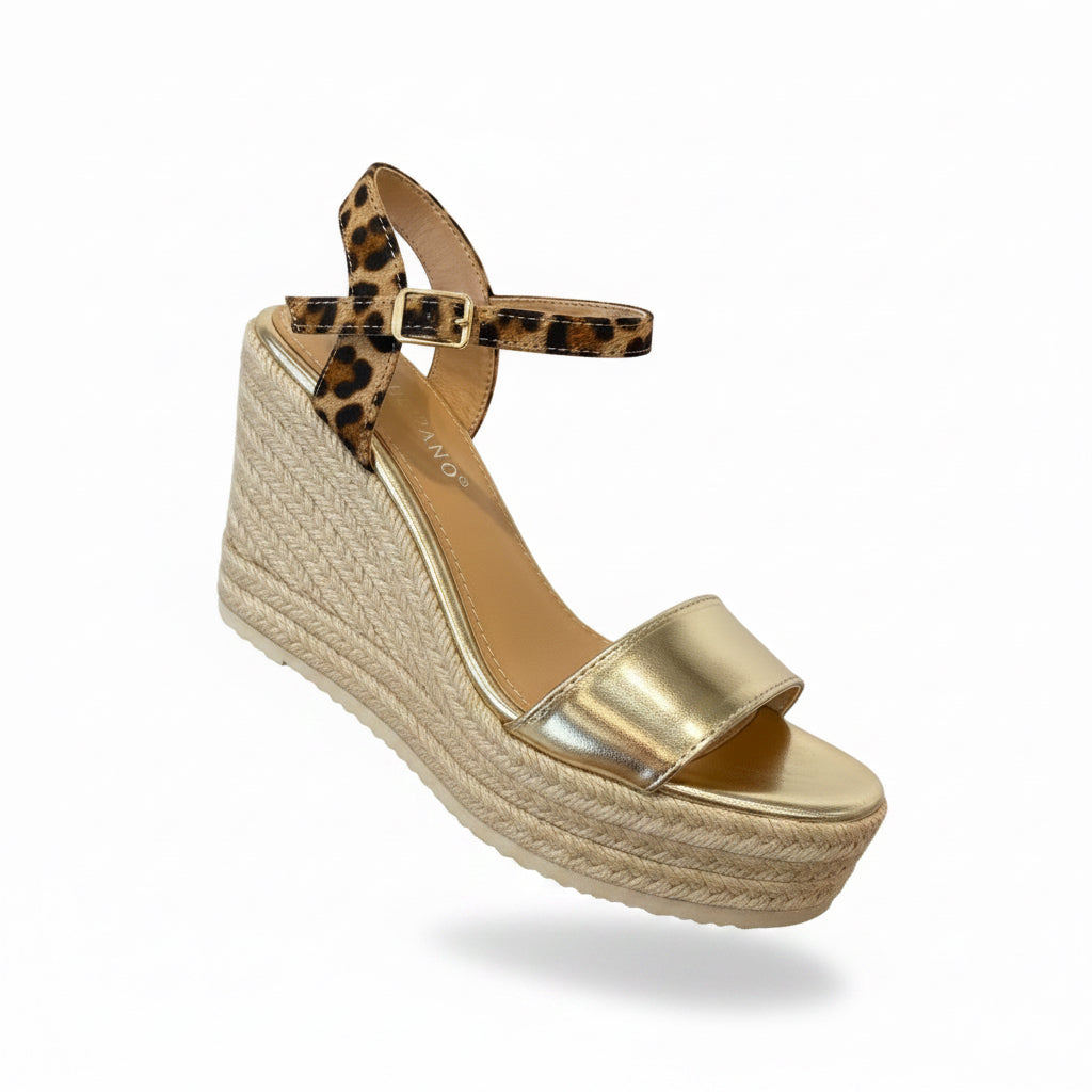 Sandalia de Cuña Dorada con Estampado Animal Print | Plataforma de Yute 1970-19