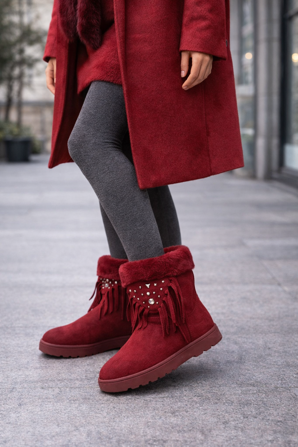 Botines de Pelo Color Vino para Mujer con Flecos y Detalles – Súper Abrigaditos 6924