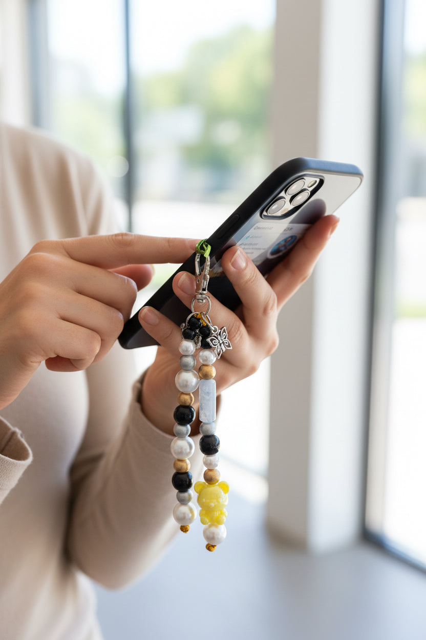 Llavero para Móvil con Perlas y Osito – Colgante Decorativo Trendy para Funda