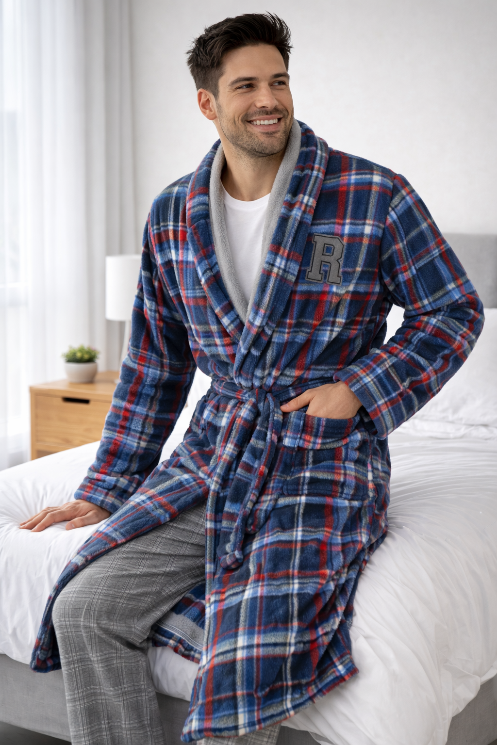 Bata de Hombre Polar a Cuadros Azul y Rojo – Albornoz de Invierno Súper Suave con Bolsillos 1093