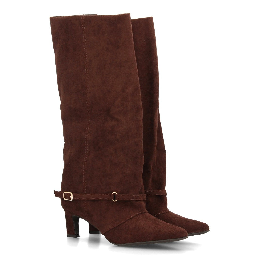 Bota Alta de Ante con Tacón y Hebilla – Marron, Negro y Taupe AW-6157