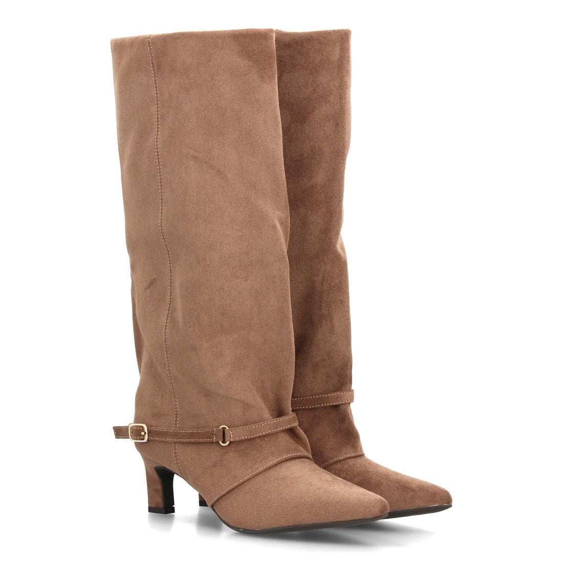 Bota Alta de Ante con Tacón y Hebilla – Marron, Negro y Taupe AW-6157