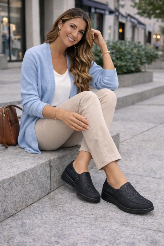 Mocasín Negro Confort Mujer – Zapato Casual Perforado con Cuña Cómoda M523