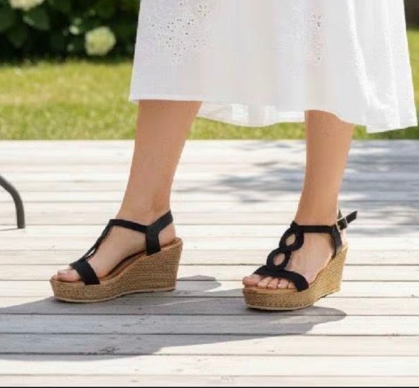 Sandalias Cuña Mujer Negras con Yute y Aros – Sandalias Verano Elegantes y Cómodas
 ML1013