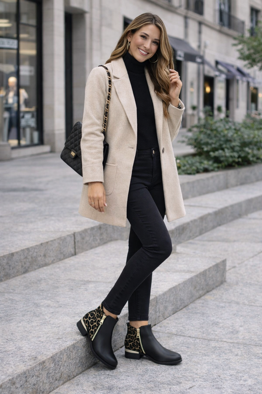 Botín Negro Mujer con Detalle Animal Print – Tacón Bajo Elegante 7477