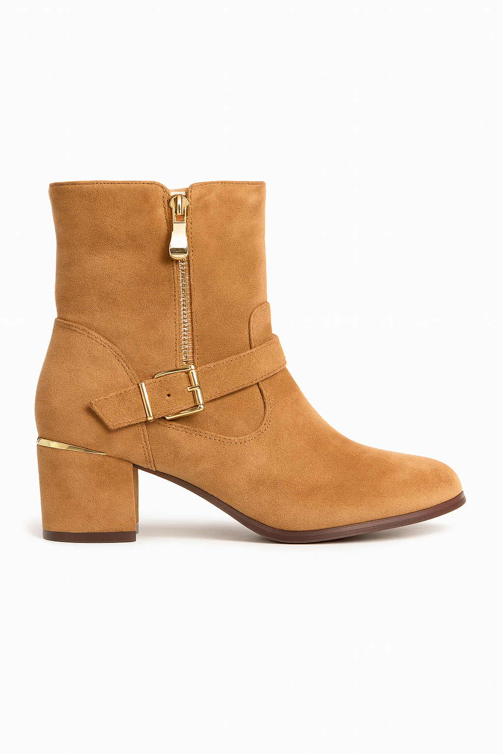 Botín Camel con Tacón Medio y Cremallera Dorada – Elegancia y Comodidad YZ24-017A