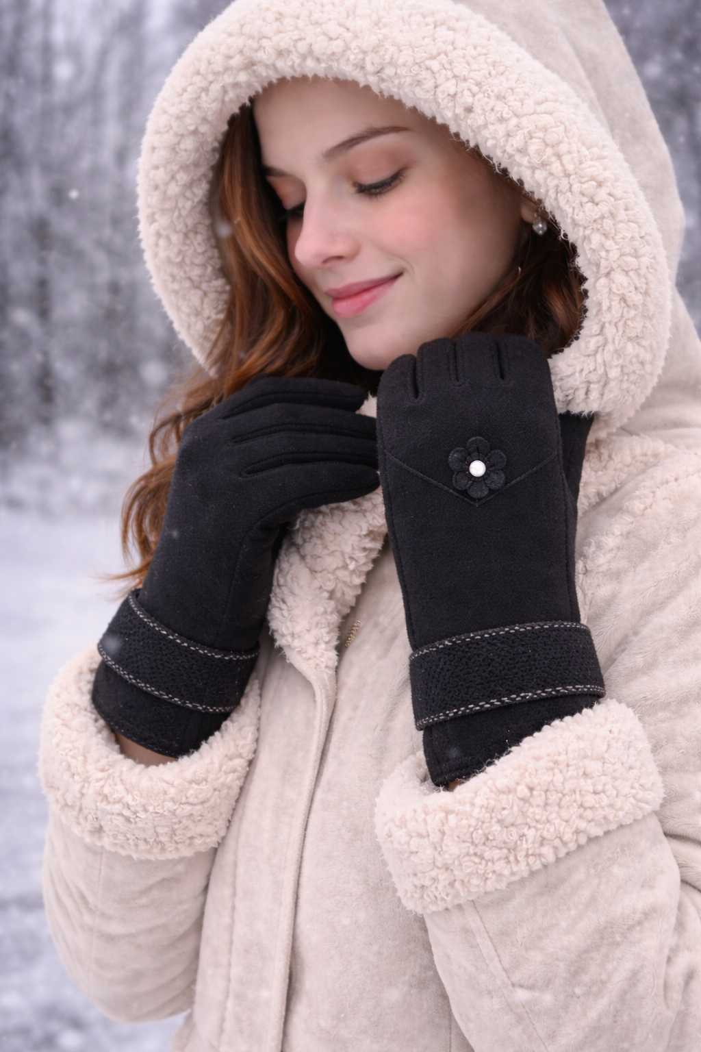 Guantes de Invierno Elegantes con Flor Decorativa – Suaves, Cálidos y Cómodos