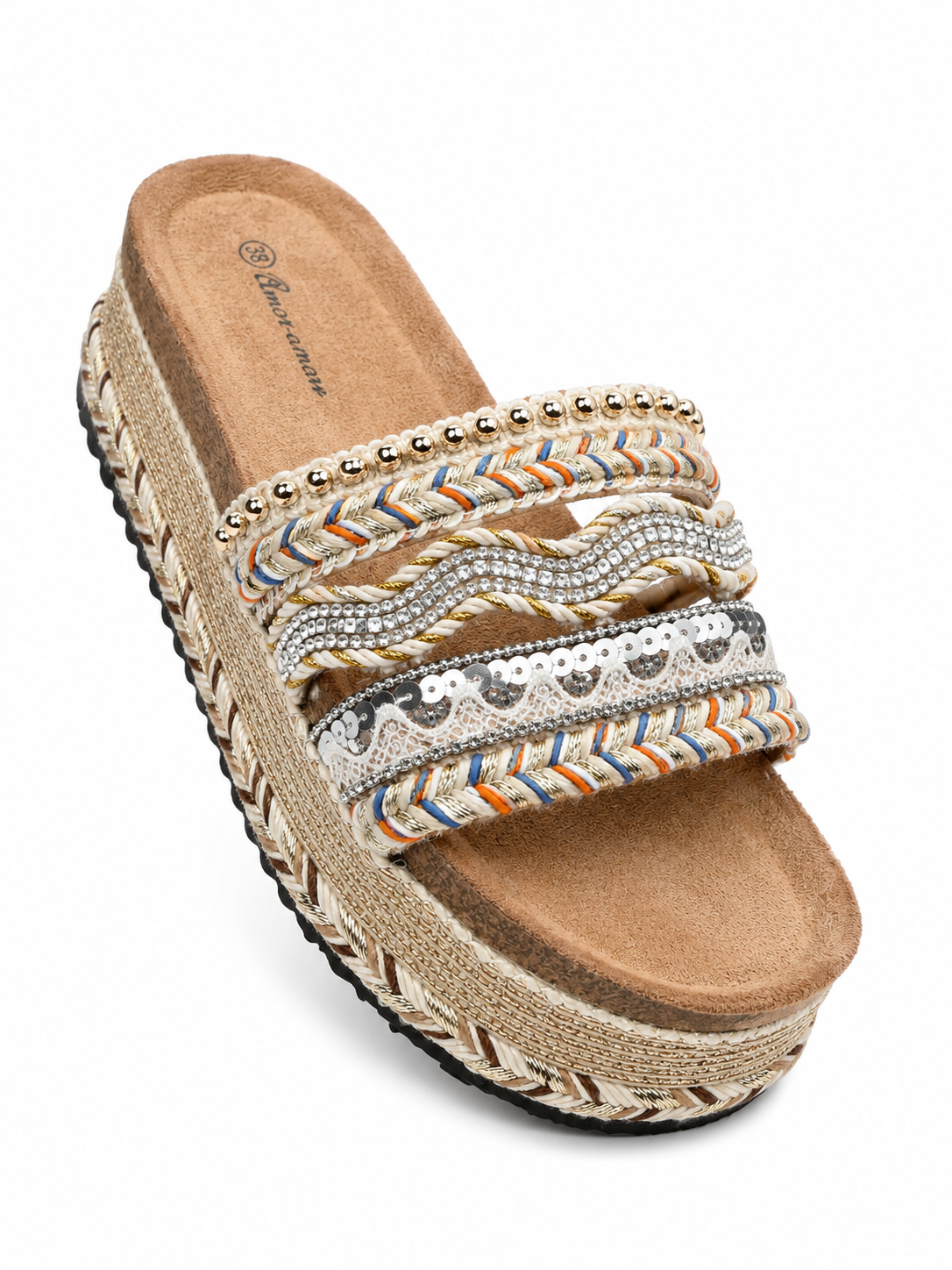 Sandalia Plataforma Étnica Multicolor con Pedrería | Cuña Casual de Verano HT312