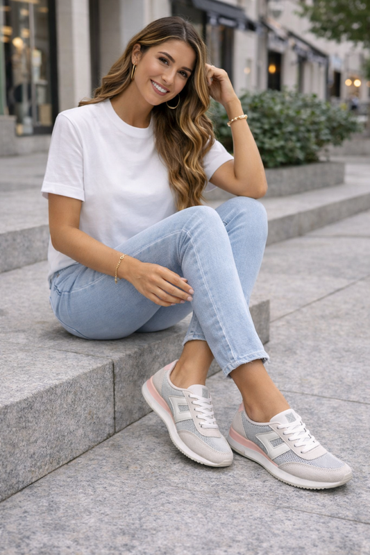 Zapatilla Gris y Blanca con Detalle Rosa – Deportiva Mujer Casual y Ligera BF5031